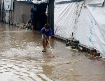 Floods swamp homeless Palestinians’ tents in Gaza .
